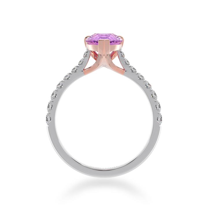 Pear shaped pink sapphire solitaire engagement ring with diamond set band view from front 