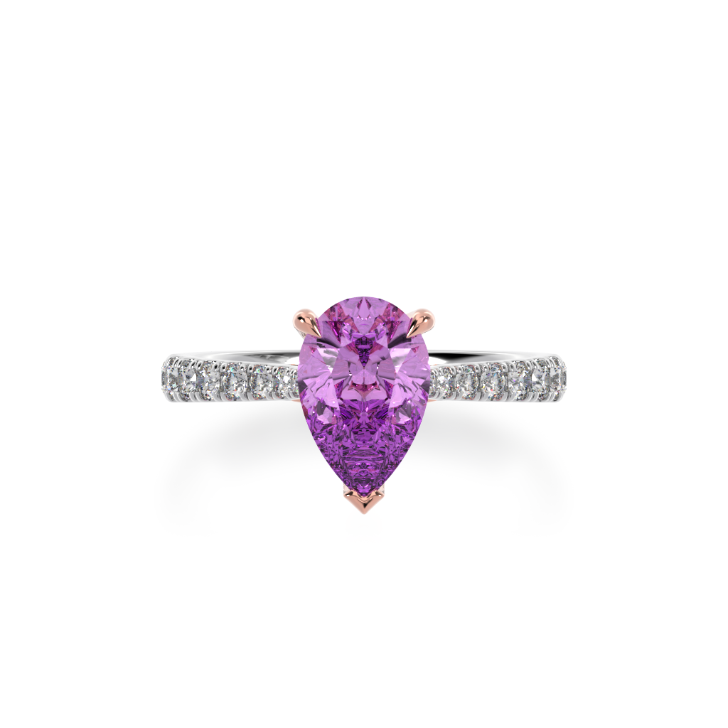 Pear shaped pink sapphire solitaire engagement ring with diamond set band view from top
