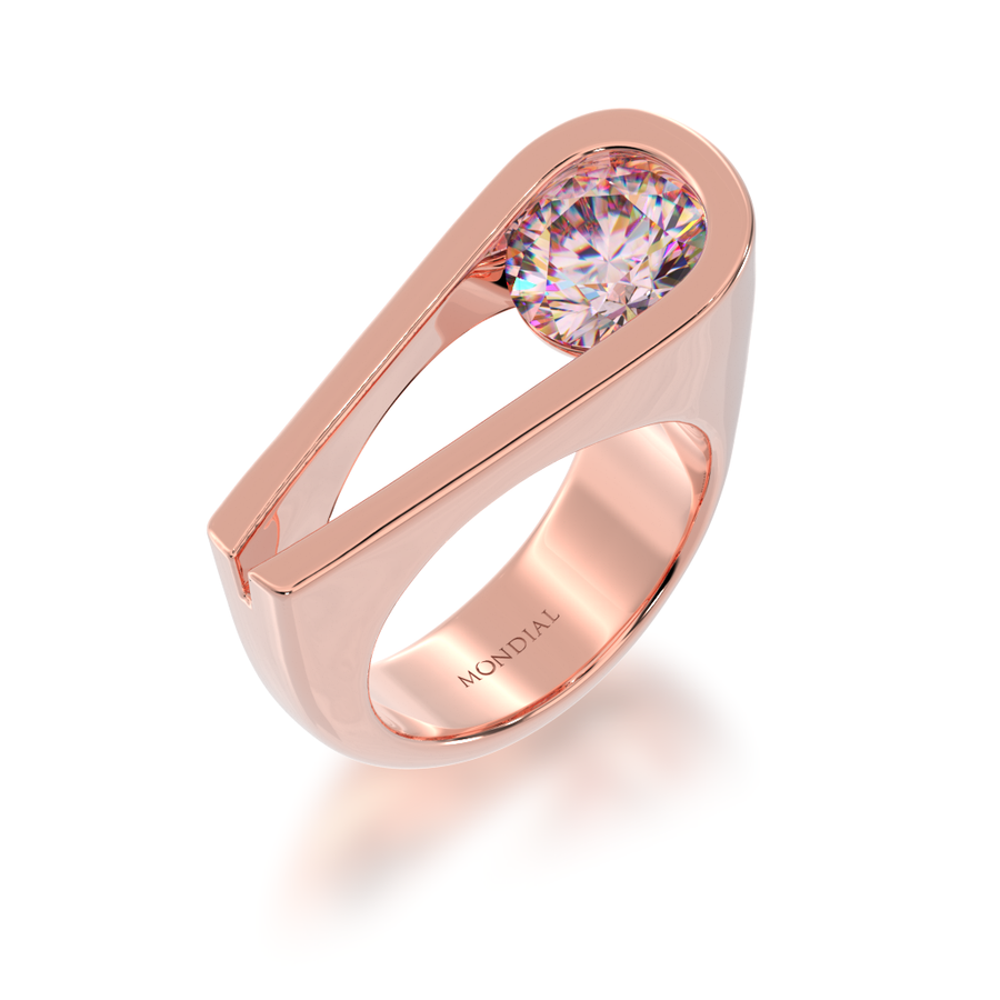 Retro design round brilliant cut pink Sapphire ring in rose gold view from angle 