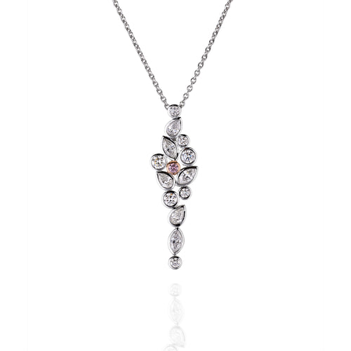Platinum necklace with a leaf-shaped pendant on a white background