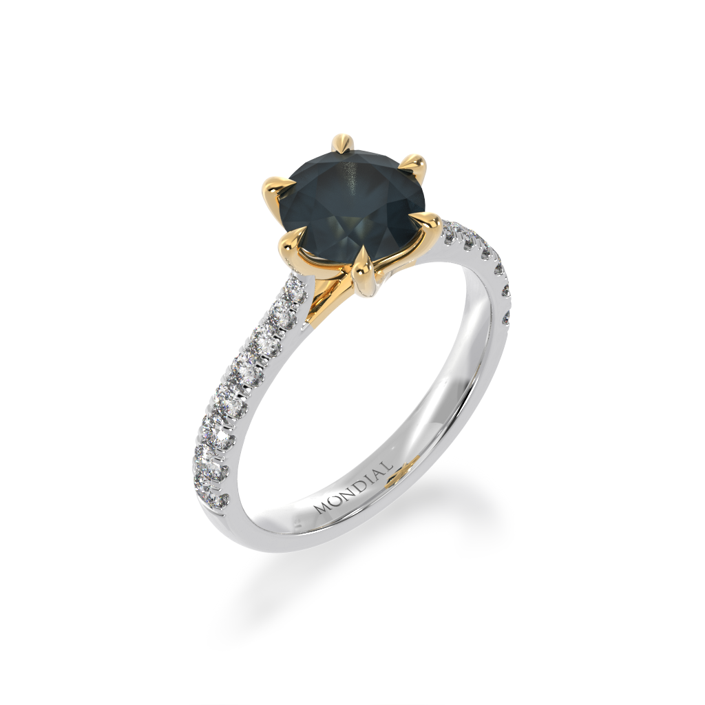 Round brilliant cut black sapphire solitaire ring with diamond set band view from angle 