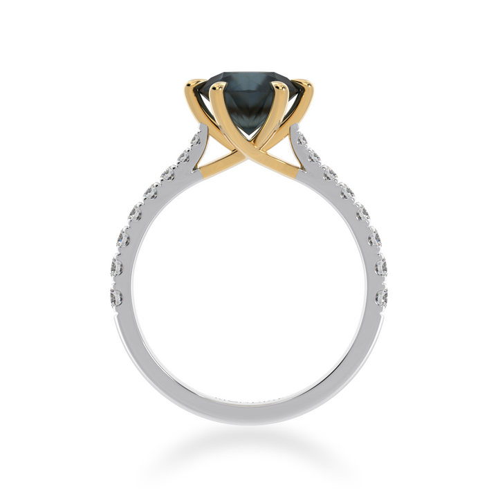 Round brilliant cut black sapphire solitaire ring with diamond set band view from front 