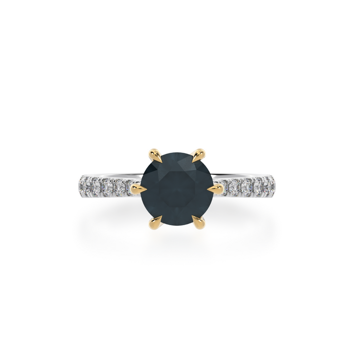 Round brilliant cut black sapphire solitaire ring with diamond set band view from top