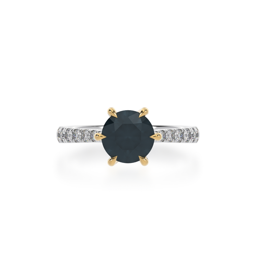 Round brilliant cut black sapphire solitaire ring with diamond set band view from top