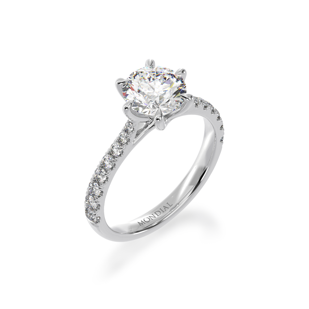 Round brilliant cut diamond solitaire engagement ring with diamond set band view from angle 