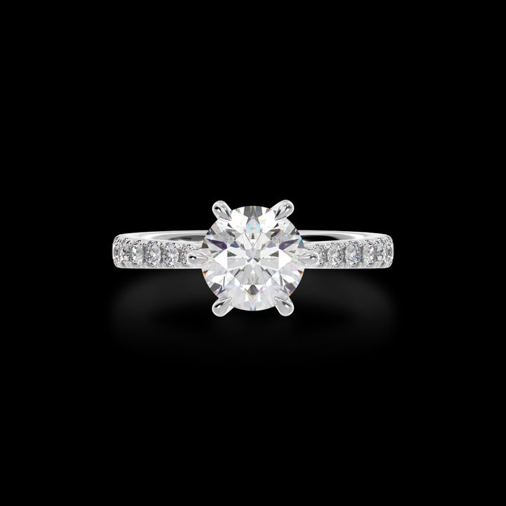 Round brilliant cut diamond solitaire engagement ring with diamond set band view from top