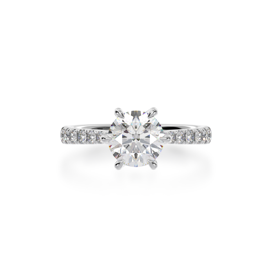 Round brilliant cut diamond solitaire engagement ring with diamond set band from top.