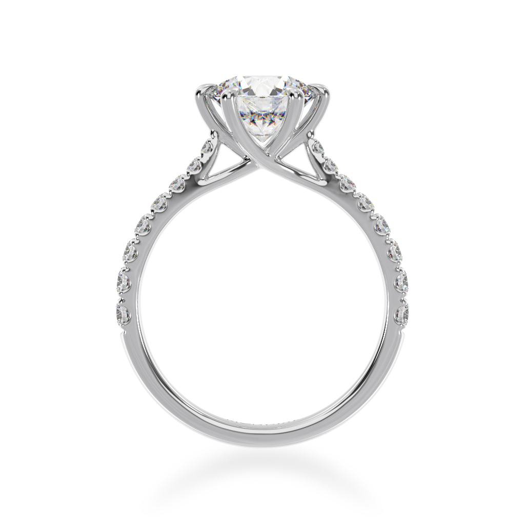 Round brilliant cut diamond solitaire engagement ring with diamond set band view from front 