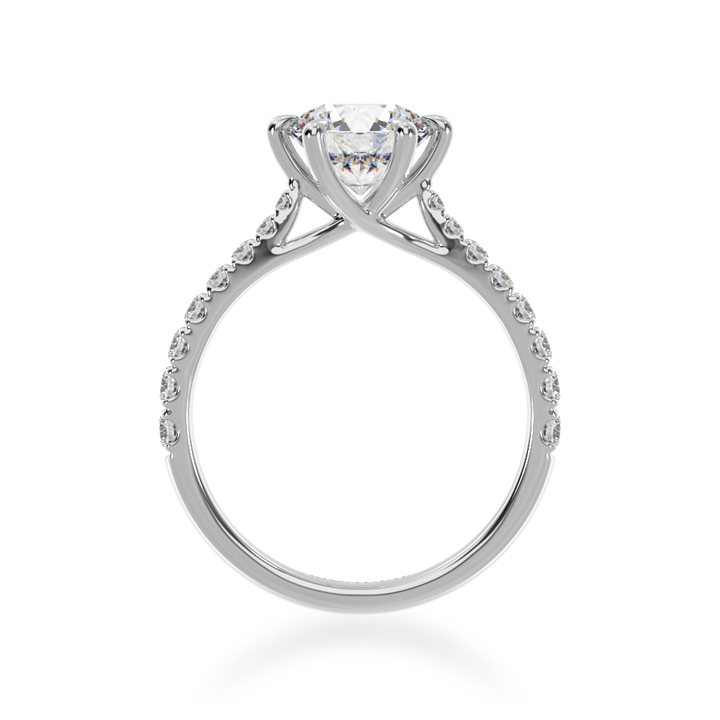 Round brilliant cut diamond solitaire engagement ring with diamond set band view from front 