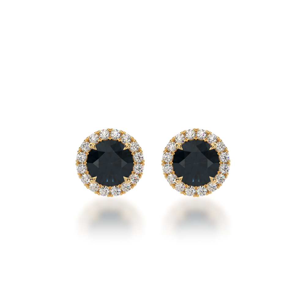 Round brilliant cut black sapphire and diamond halo stud earrings view from front 