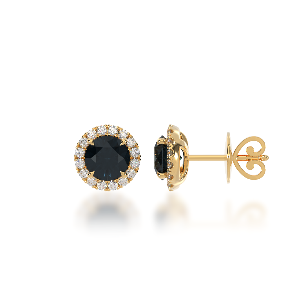 Round brilliant cut black sapphire and diamond halo stud earrings view from side 