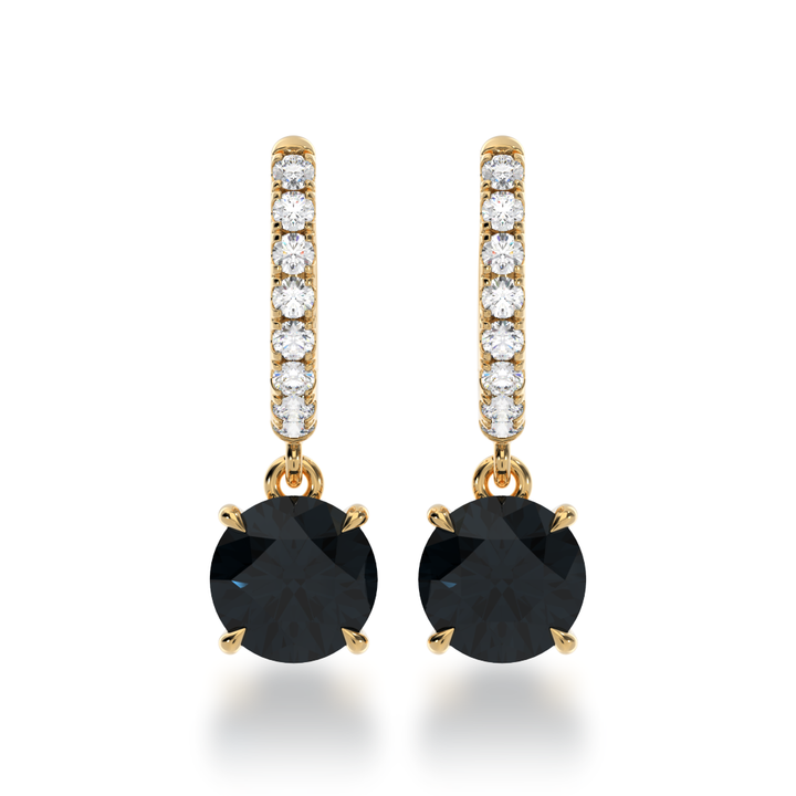 Round brilliant cut black sapphire drop earrings on a diamond set huggie