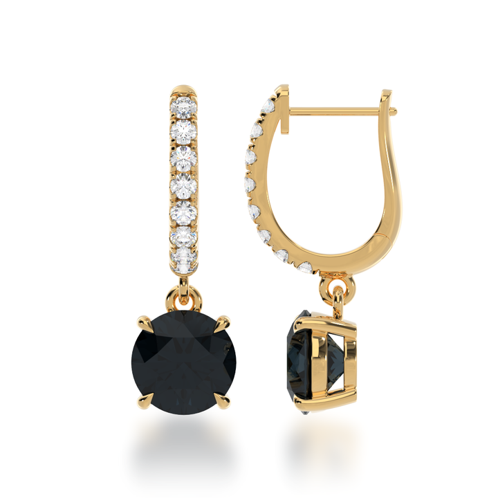 Round brilliant cut black sapphire drop earrings on a diamond set huggie
