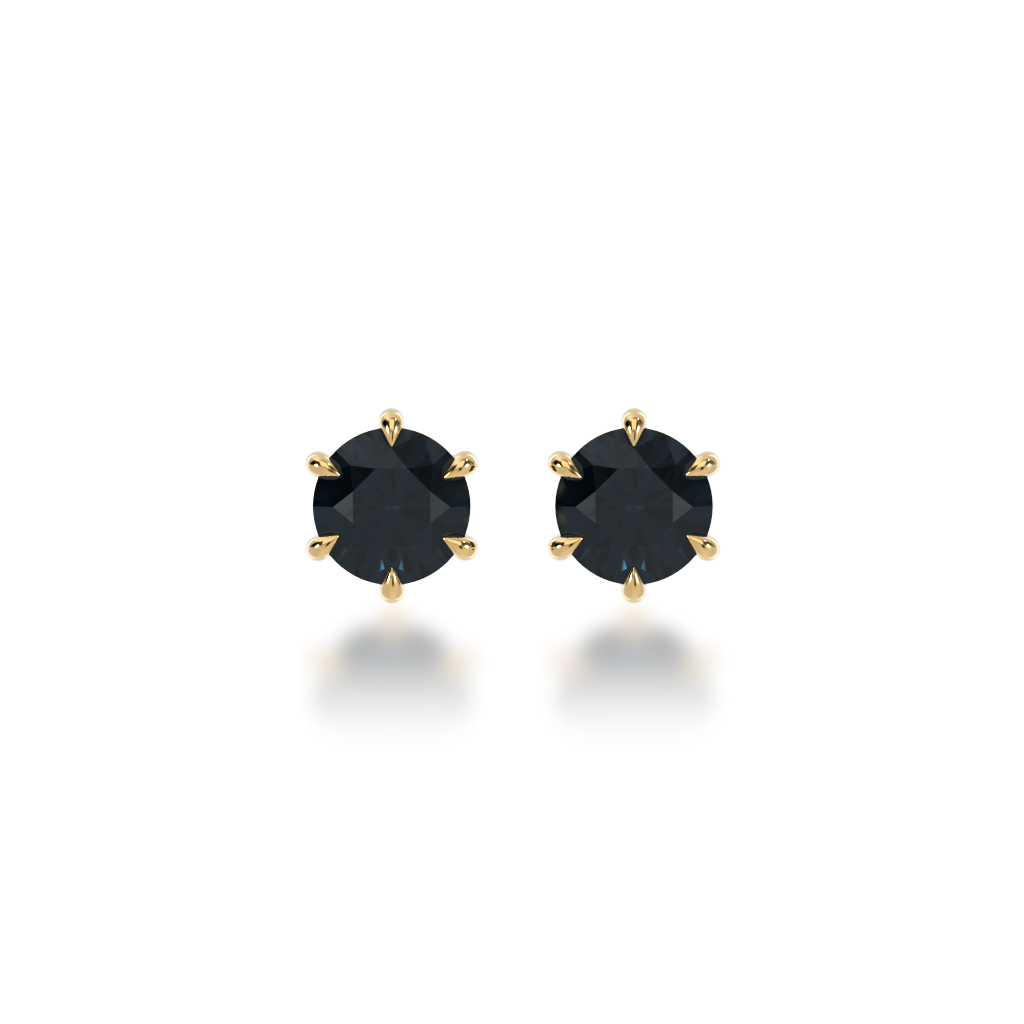 Round brilliant cut black sapphire stud earrings view from front 