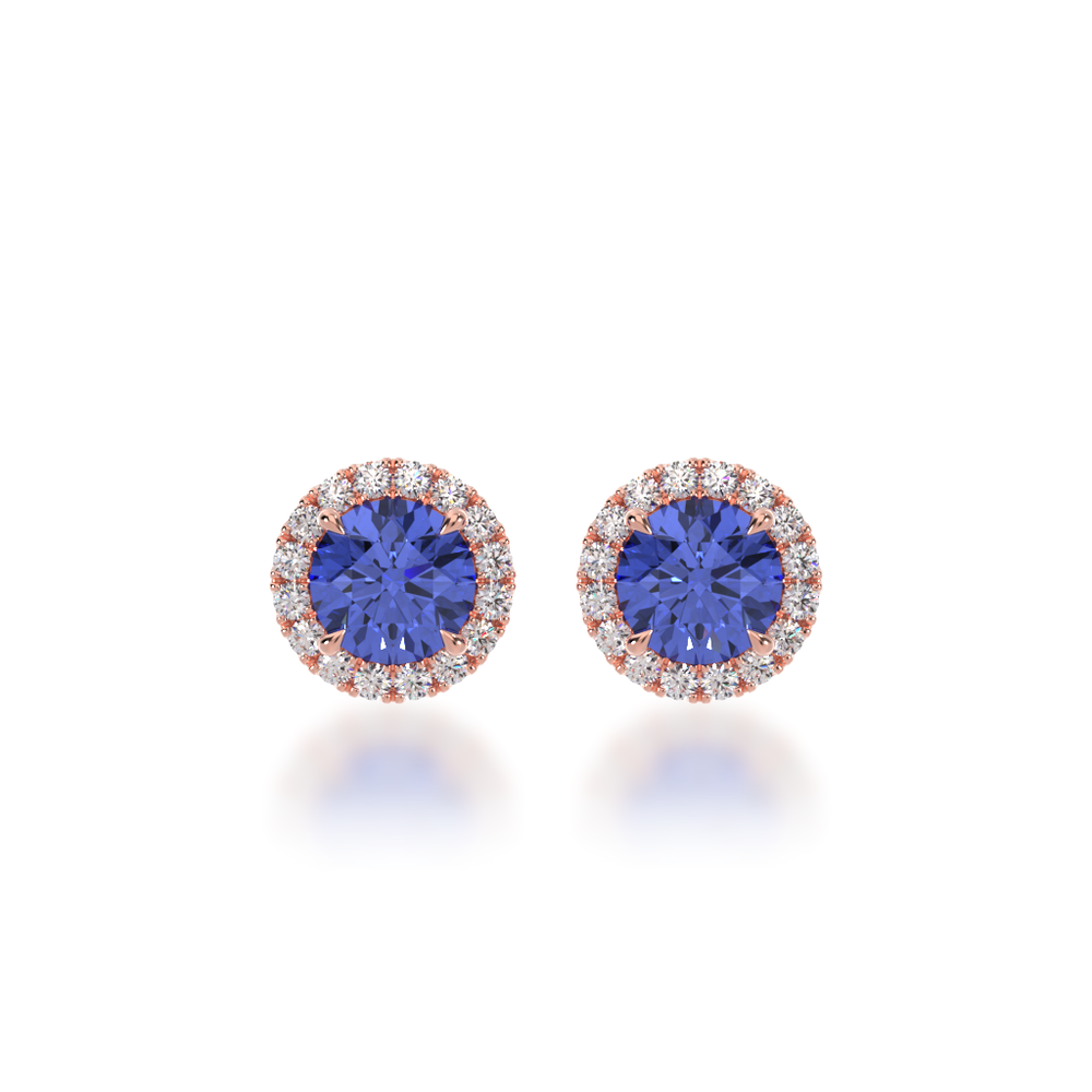 Round brilliant cut blue sapphire and diamond halo stud earrings view from front