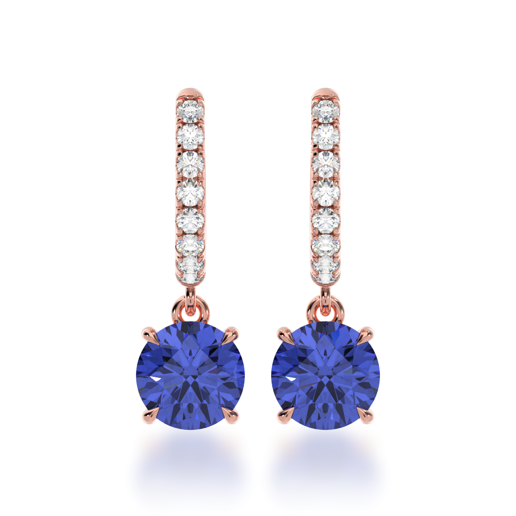 Round brilliant cut blue sapphire drop earrings on a diamond set huggie