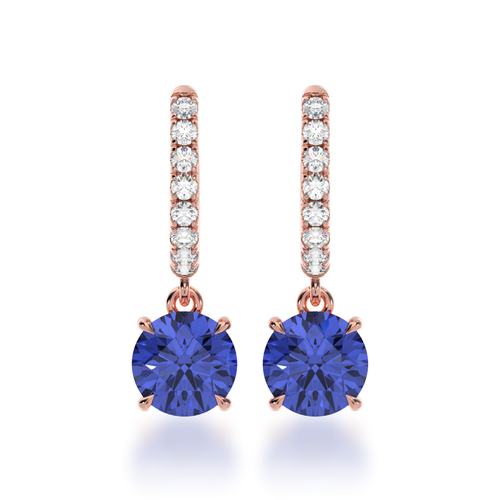 Round brilliant cut blue sapphire drop earrings on a diamond set huggie