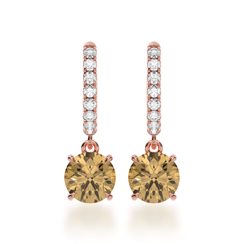 Round brilliant cut champagne diamond drop earrings on a diamond set huggie