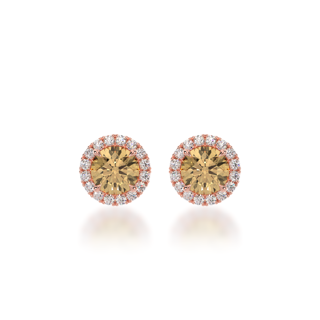 Round brilliant cut champagne diamond halo stud earrings view from front