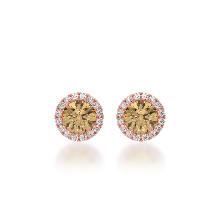 Round brilliant cut champagne diamond halo stud earrings view from front