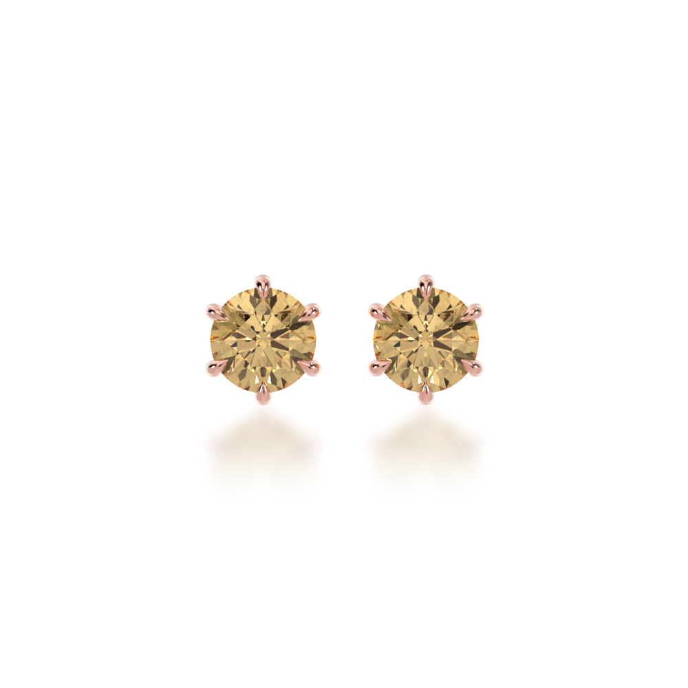 Round brilliant cut champagne diamond stud earrings view from front 