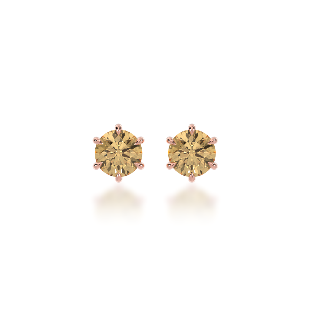 Round brilliant cut champagne diamond stud earrings view from front 