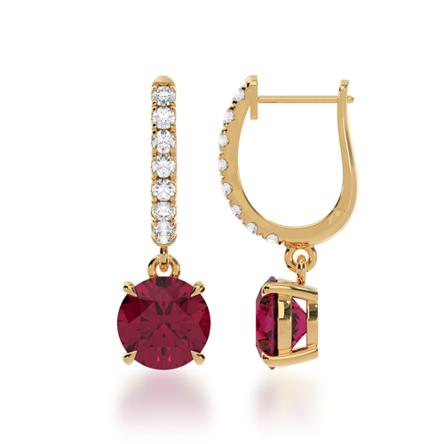 Round brilliant cut Ruby drop earrings on diamond set huggie