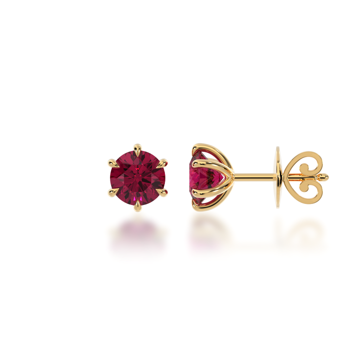 Round brilliant cut ruby stud earrings view from side 