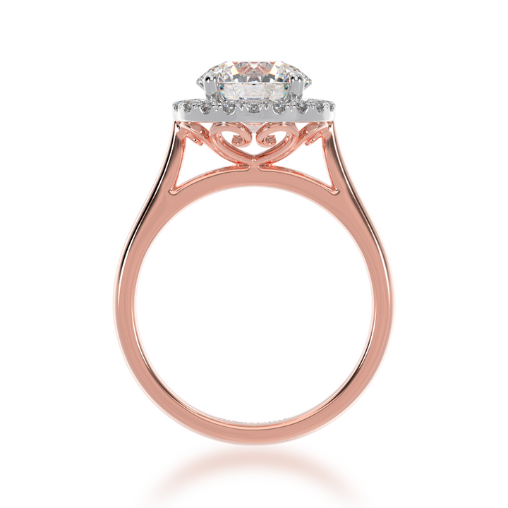 Round brilliant cut diamond halo on a rose gold band from front