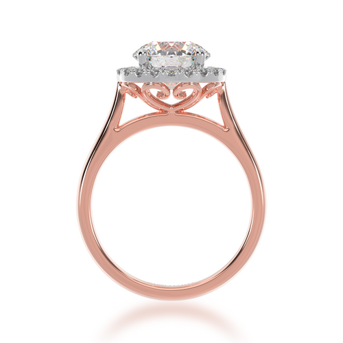 Round brilliant cut diamond halo on a rose gold band from front