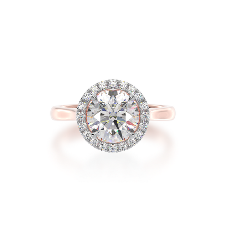 Round brilliant cut diamond halo on a rose gold band from top