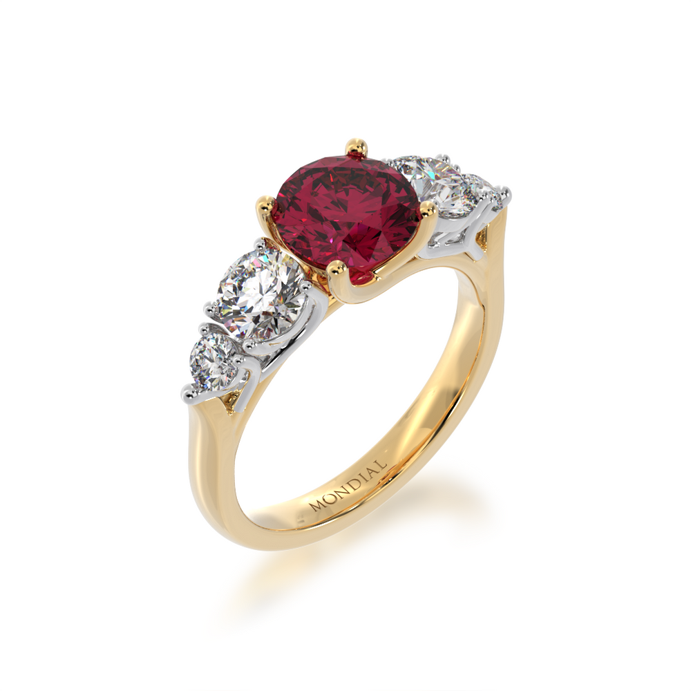 Five stone round ruby and diamond ring from angle