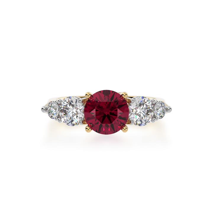 Five stone round ruby and diamond ring from top