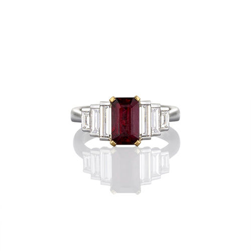 Emerald Cut Ruby and Baguette Diamond Deco Inspired Ring