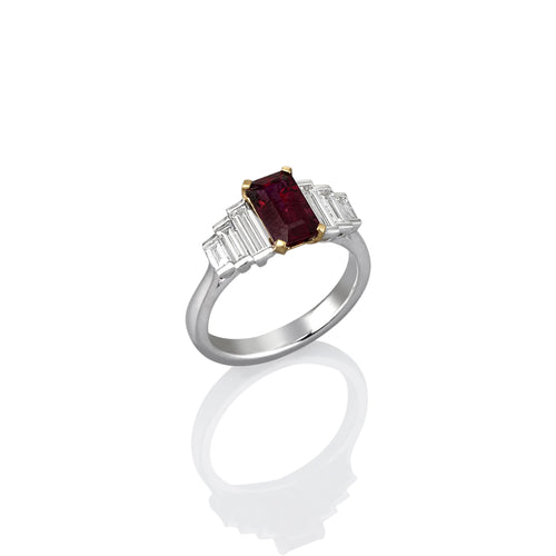 Emerald Cut Ruby and Baguette Diamond Deco Inspired Ring