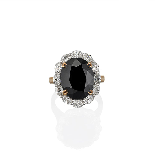 Oval cut Australian Black Sapphire and Diamond Halo Ring