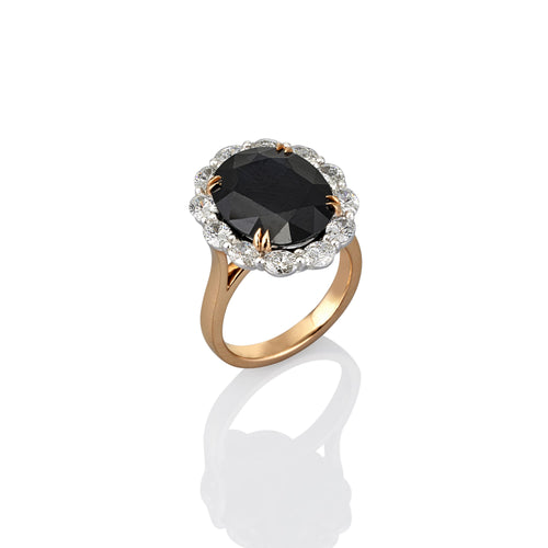 Oval cut Australian Black Sapphire and Diamond Halo Ring