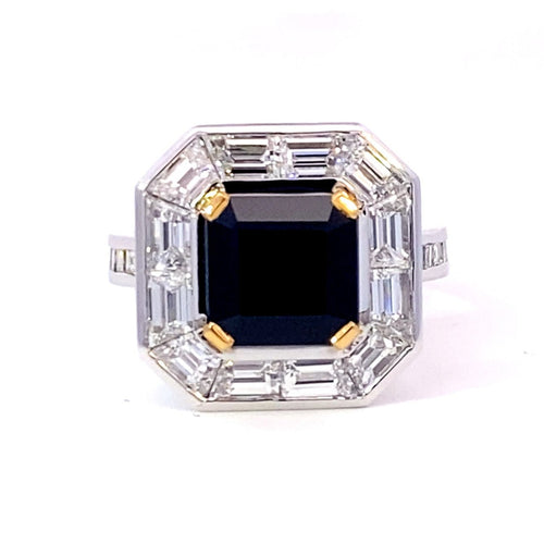 Square step cut black sapphire diamond halo ring with diamond band