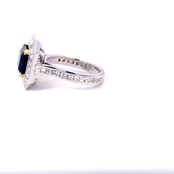 Square step cut black sapphire diamond halo ring with diamond band