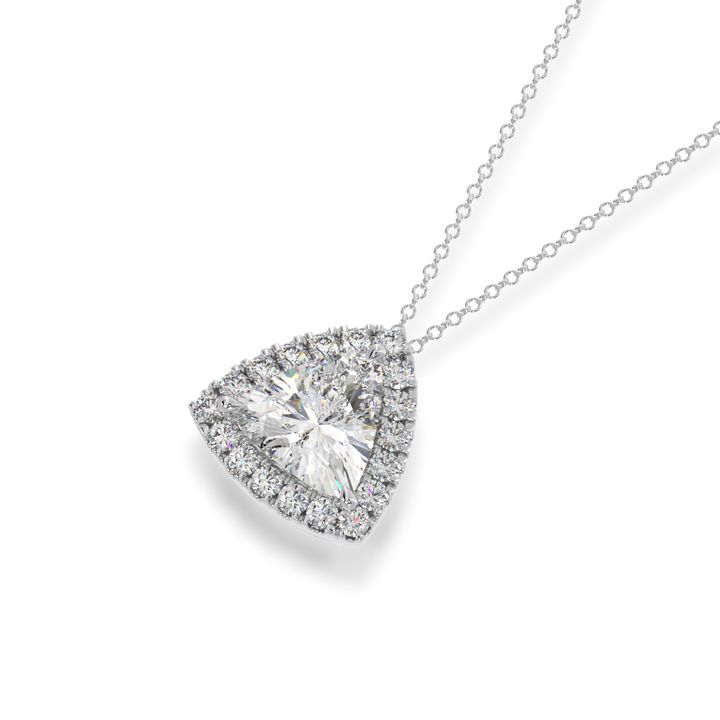 Trilliant cut diamond halo pendant view from angle 