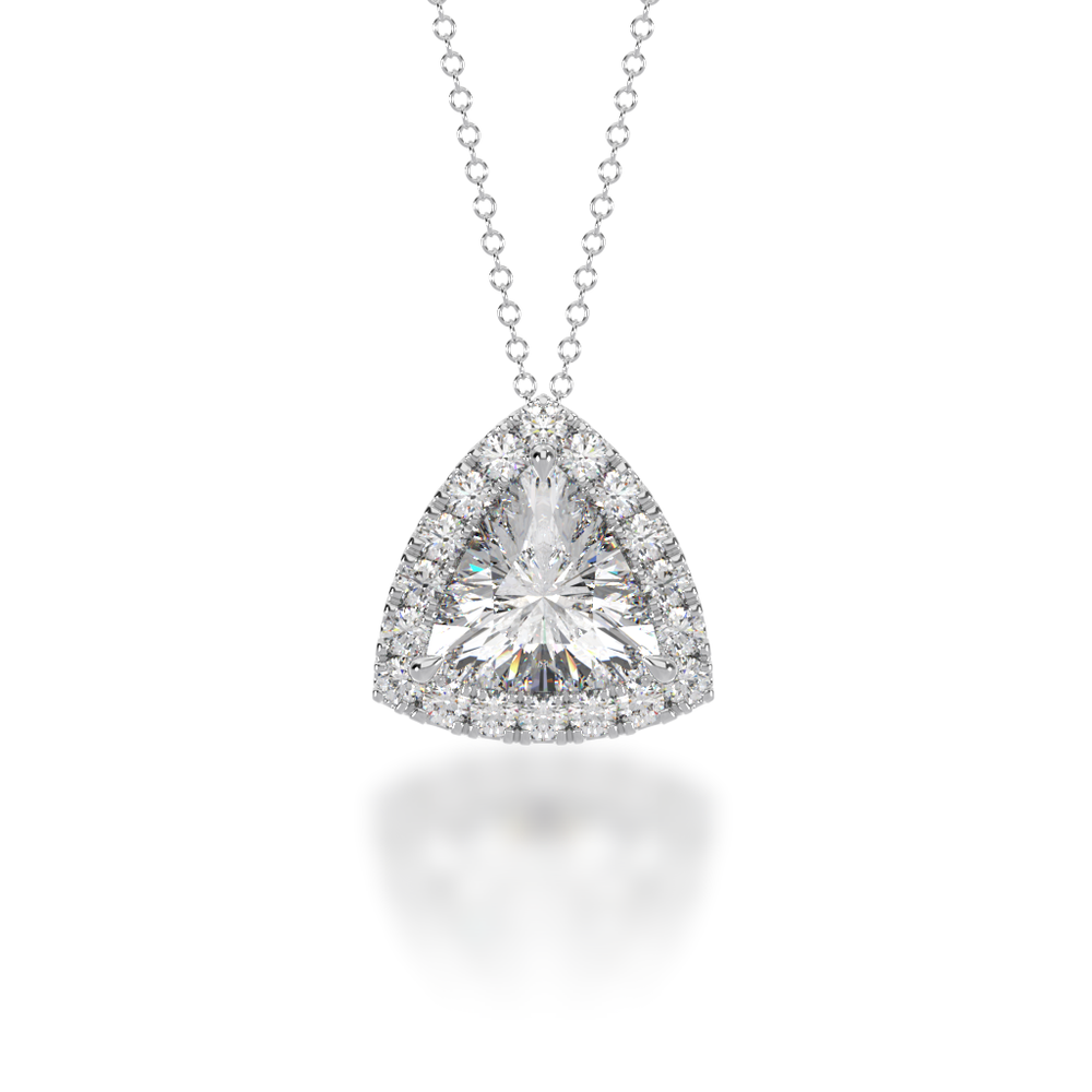 Trilliant cut diamond halo pendant view from front 