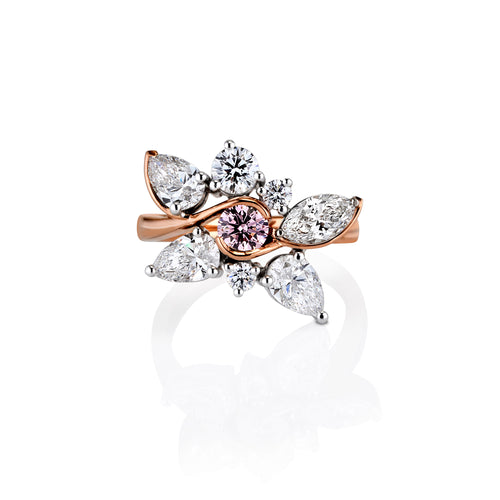 Argyle Pink and White Diamond Ring from Mondial Sydney on a white background, displaying the front detail on the ring as looking from above