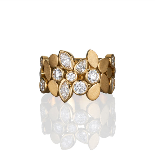 White diamond large dress ring in yellow gold