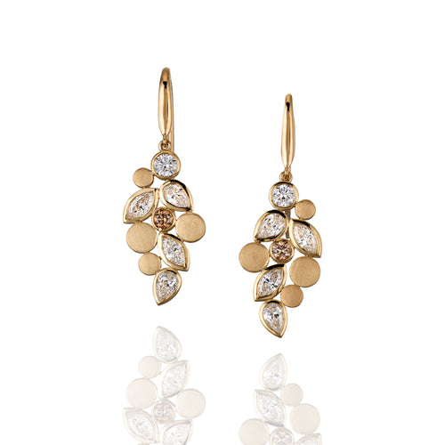 Cognac diamond and white diamond drop earrings in yellow gold