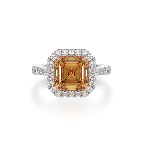 Asscher cut champagne diamond halo ring with diamond set band view from top