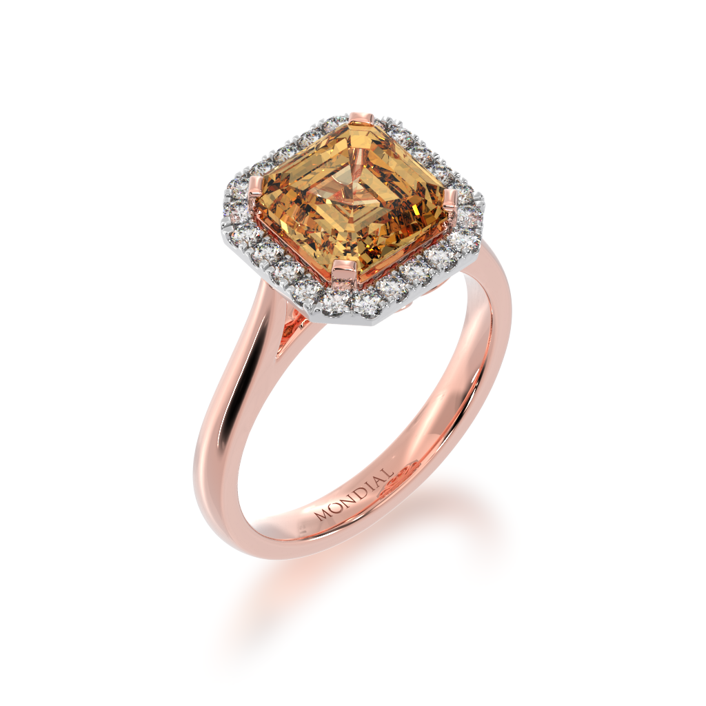 Asscher cut champagne diamond halo ring on rose gold band view from angle