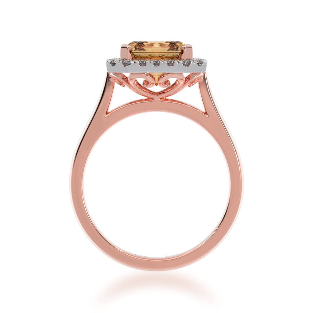 Asscher cut champagne diamond halo ring on rose gold band view from front