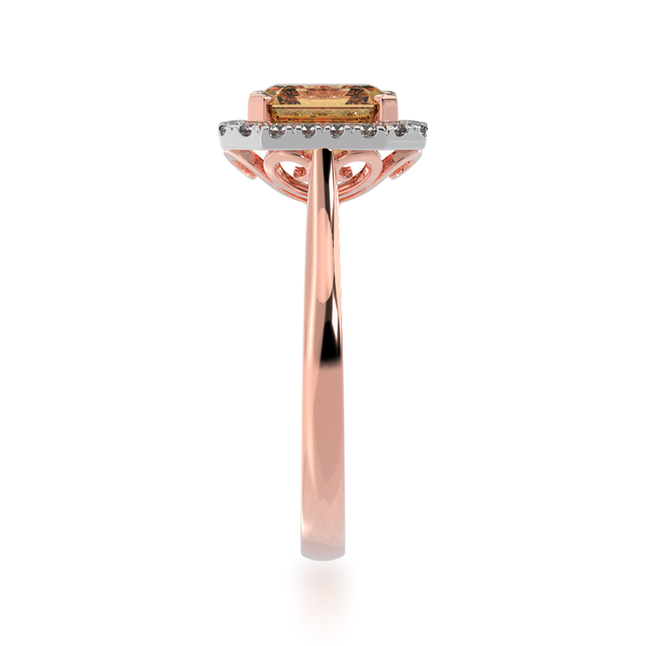 Asscher cut champagne diamond halo ring on rose gold band view from side