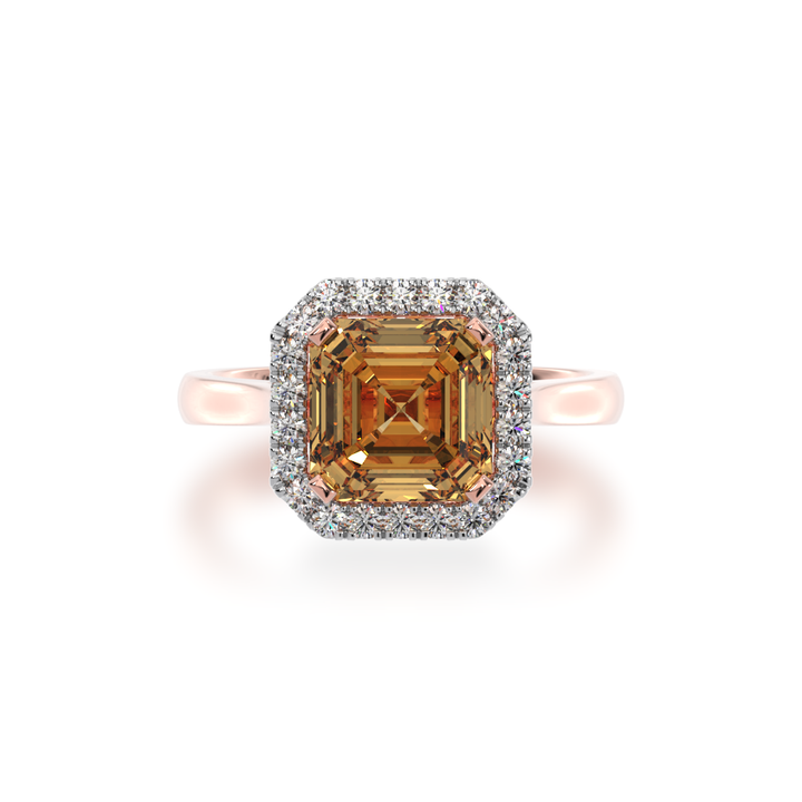 Asscher cut champagne diamond halo ring on rose gold band view from top