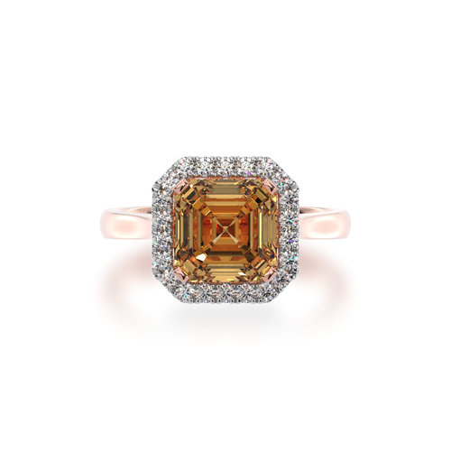 Asscher cut champagne diamond halo ring on rose gold band view from top